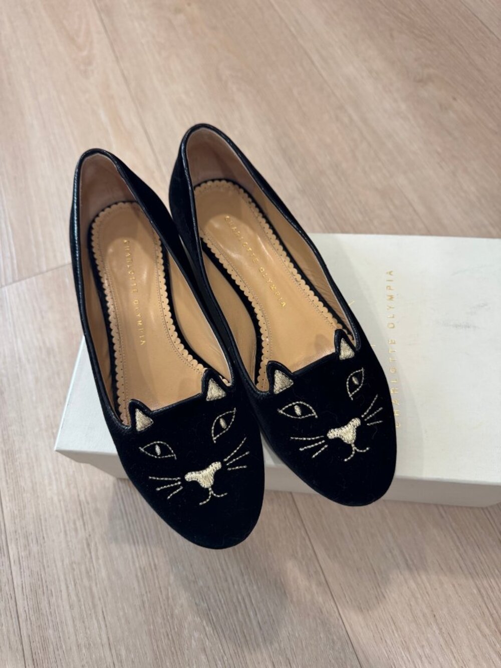 Charlotte Olympia Black Velvet Kitty Flats